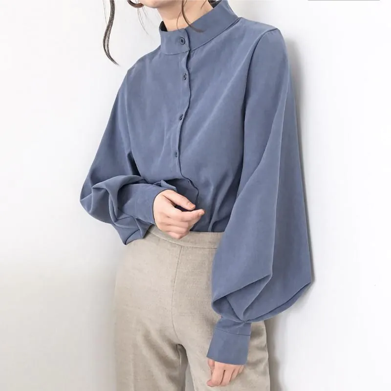 image-Black Cotton Lantern Sleeve Stand Collar Shirt