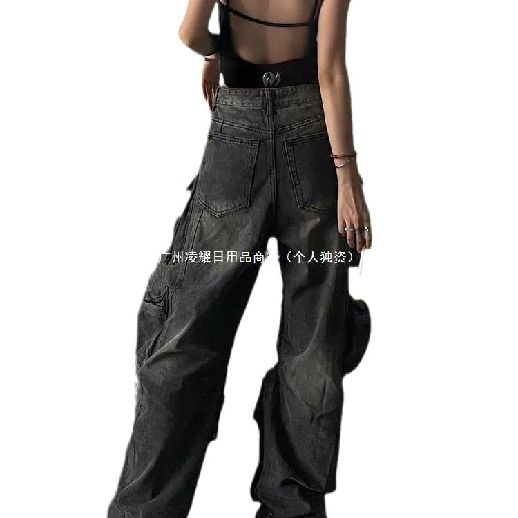 image-Large Size Retro Multi-Pocket Jeans - Y2K Low-Waisted