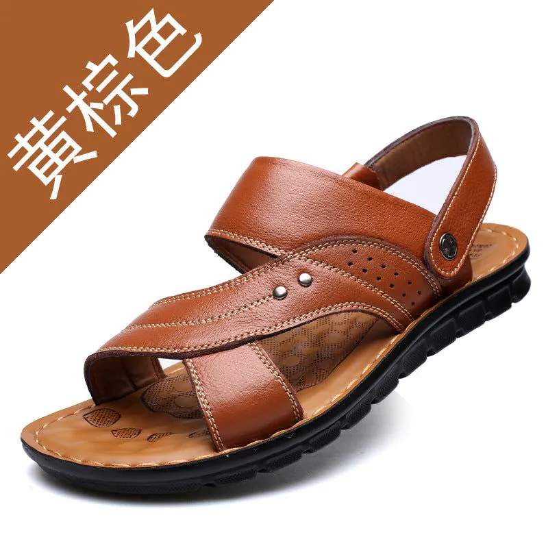 image-Men's Leather Sandals - Brown Open Toe