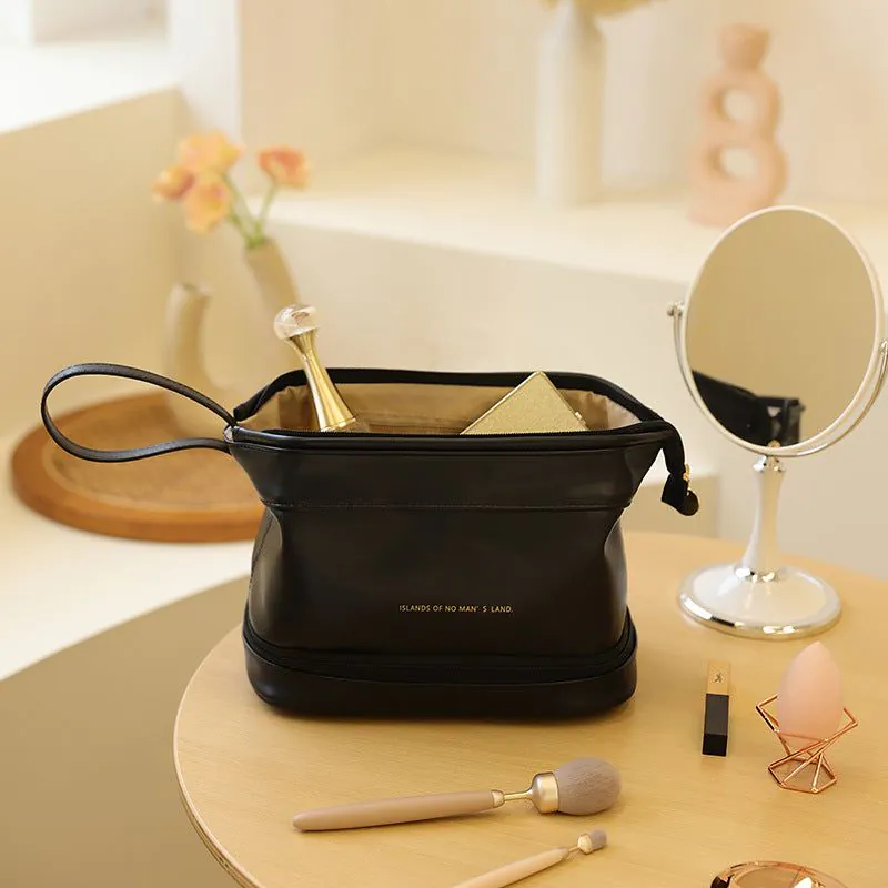 image-Portable Cosmetic Bag - Black PU Leather Pillow