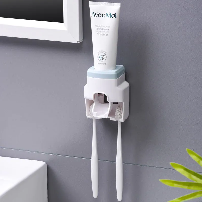 image-Wall-Mounted Automatic Toothpaste Dispenser & Toothbrush Holder 