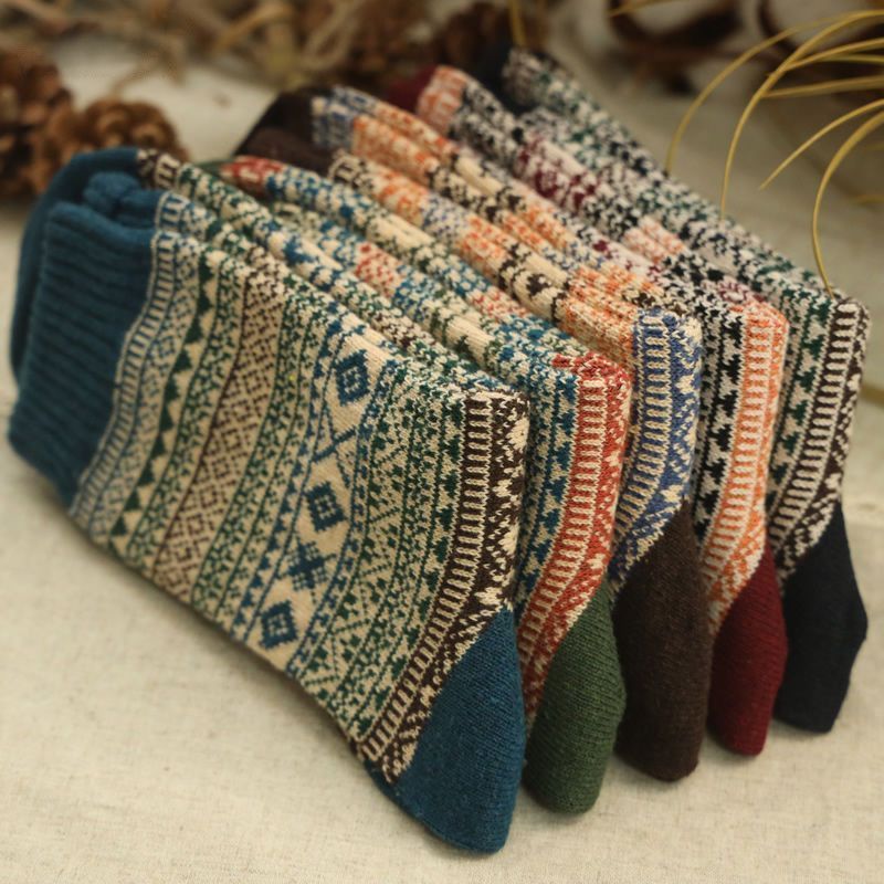 image-Women's Mid-Calf Socks - Retro Diamond Pattern Thick Knit