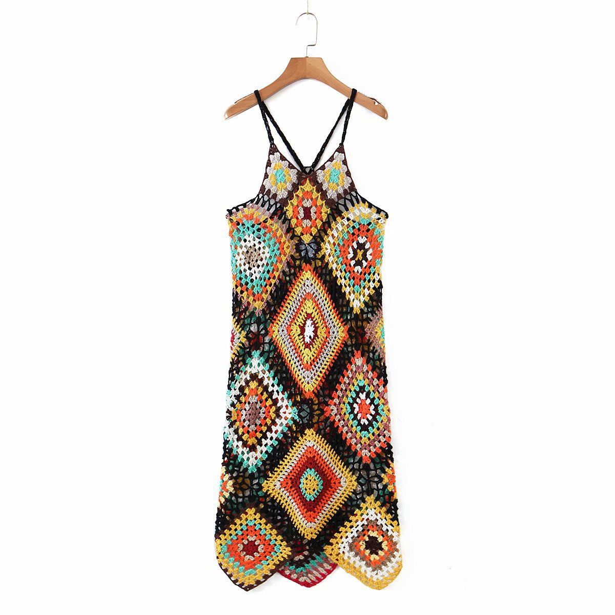 image-Crochet Midi Dress - Two-Tone Open Back Summer