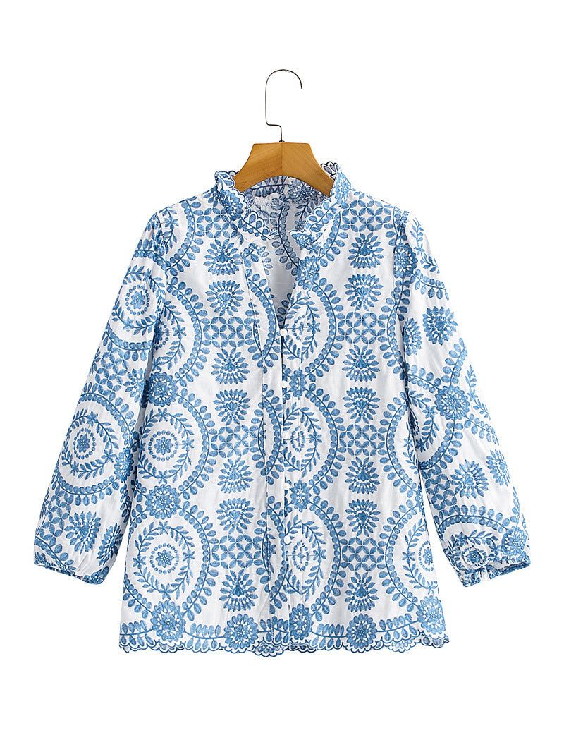 image-Blue Embroidered Women's Long-Sleeve Shirt