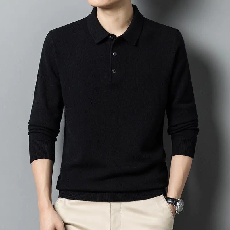image-Men's Wool Sweater - Black Long Sleeve Lapel Pullover