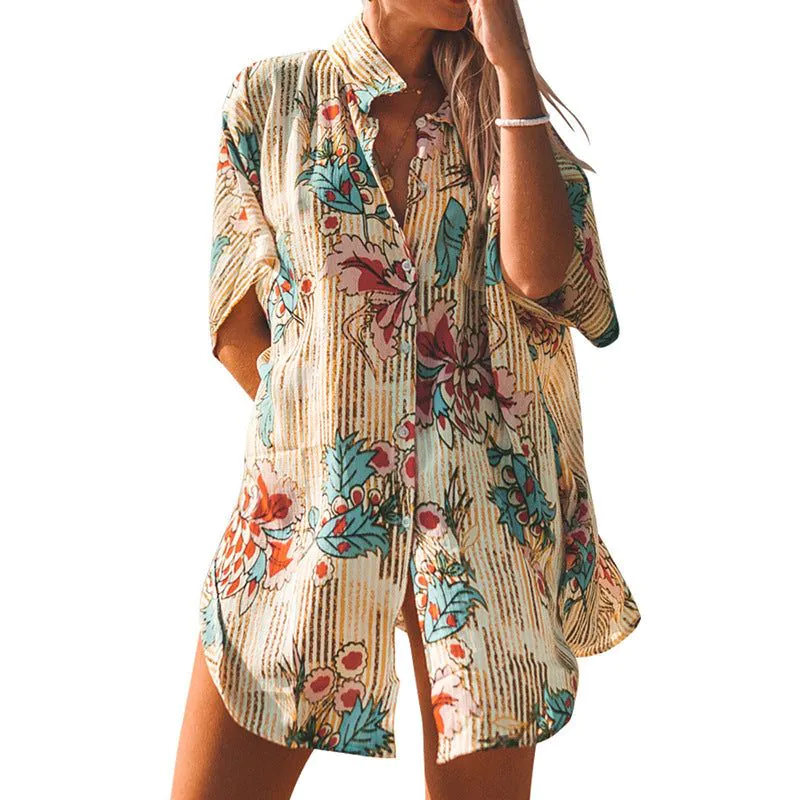 image-Chiffon Beach Cover Up - Printed Button Down Shirt Mid-Length
