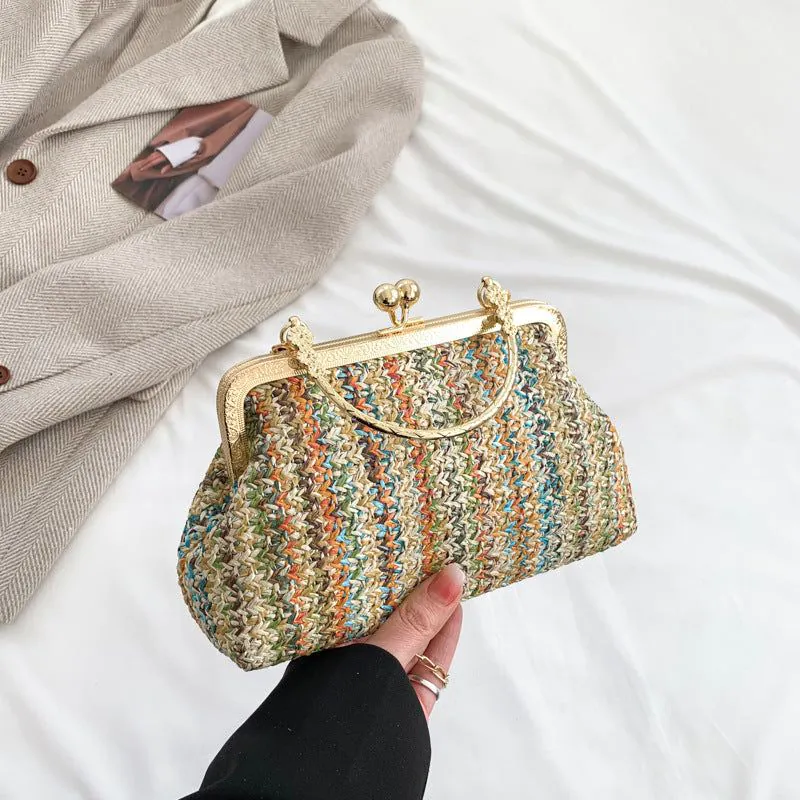 image-Blue Coochie Straw Handbag - Green Square Chain