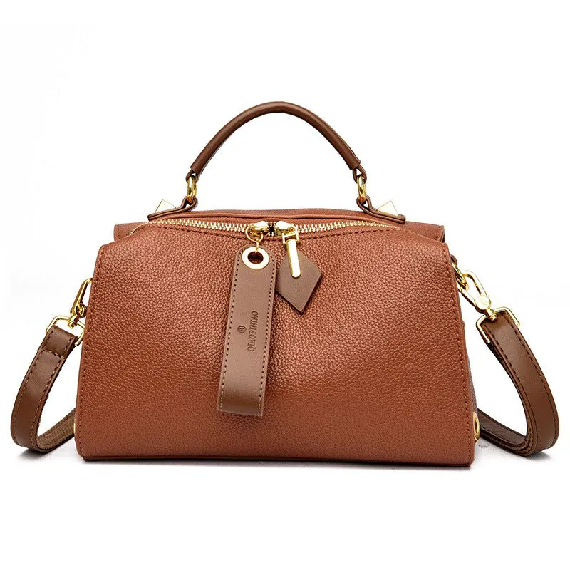 image-Boston Bag PU Leather Shoulder Handbag - Black
