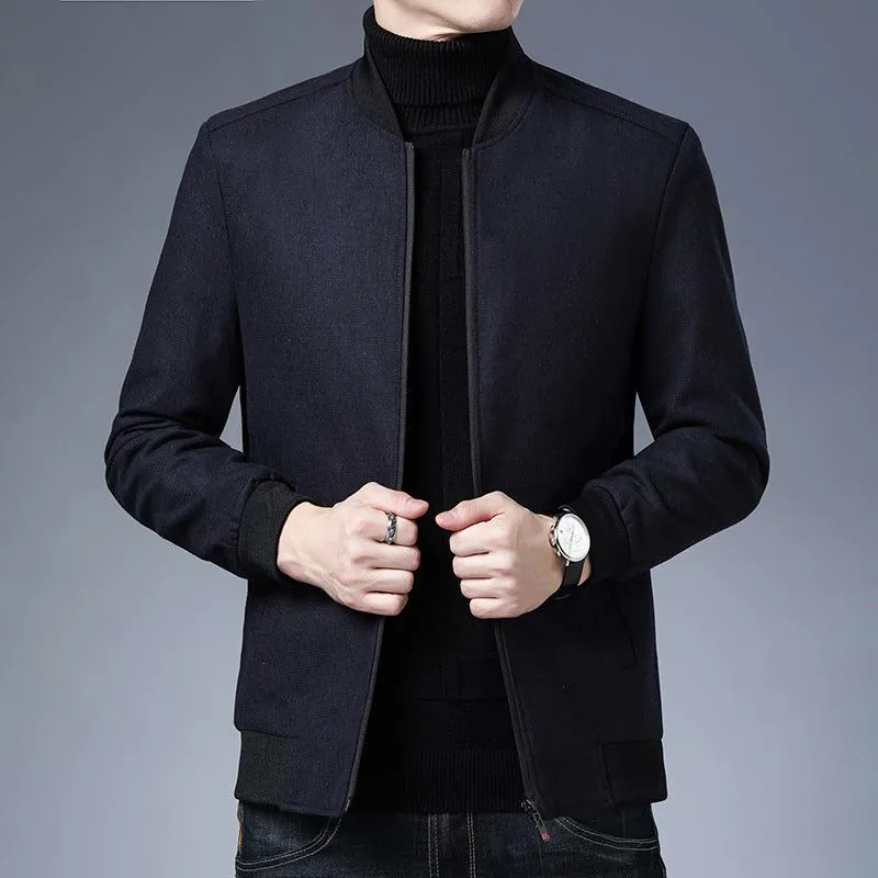 image-Navy Blue Slim Jacket Stand Collar Men's Raglan Sleeves