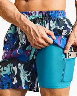 image-Men's 3D Print Swim Trunks - 2 Pack Quick Dry Stretch Shorts with Compression