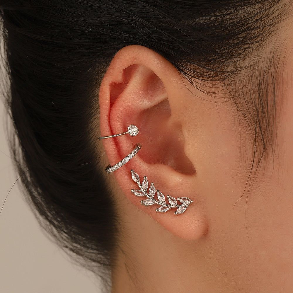 image-Simple Diamond Leaf Flower Zircon Ear Stud Set - No Pierced
