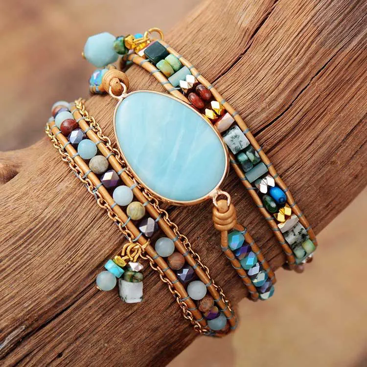 image-Natural Amazonite Hand-Woven Leather Bracelet 