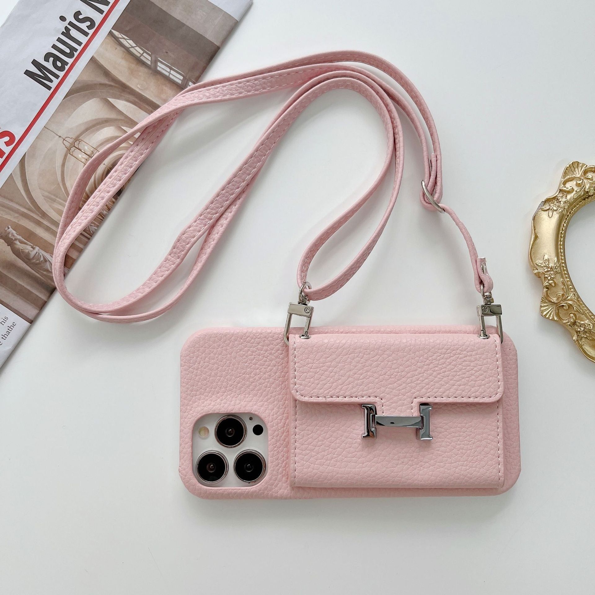 image-Apple 13/12 Pro Max Lychee Case with Lanyard - Pink