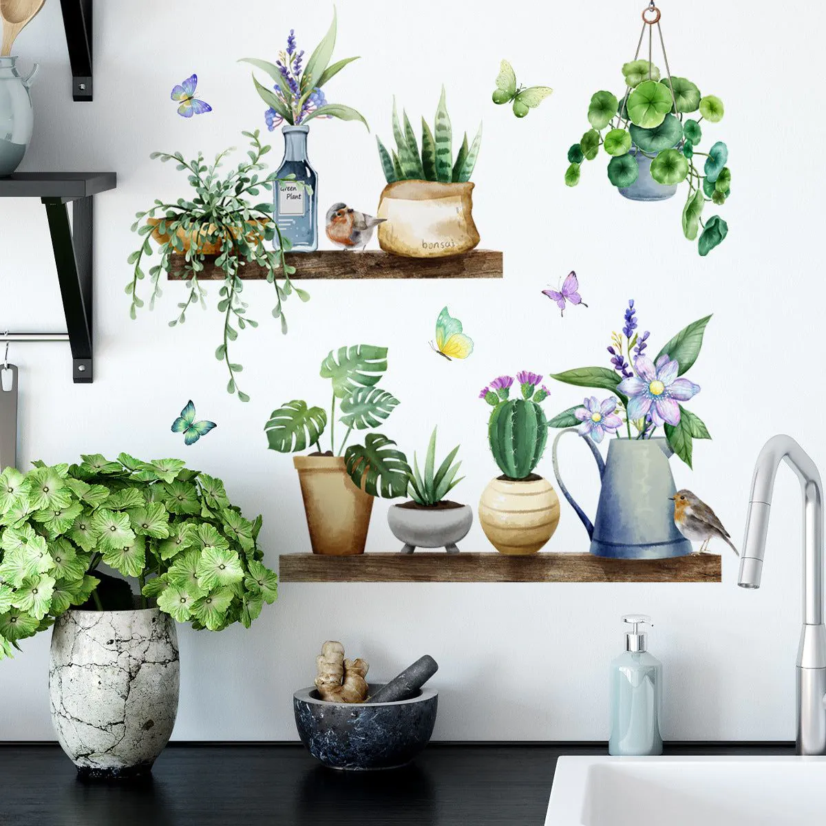 image-Decorative Chlorophytum Wall Sticker - Green Cartoon PVC Waterproof