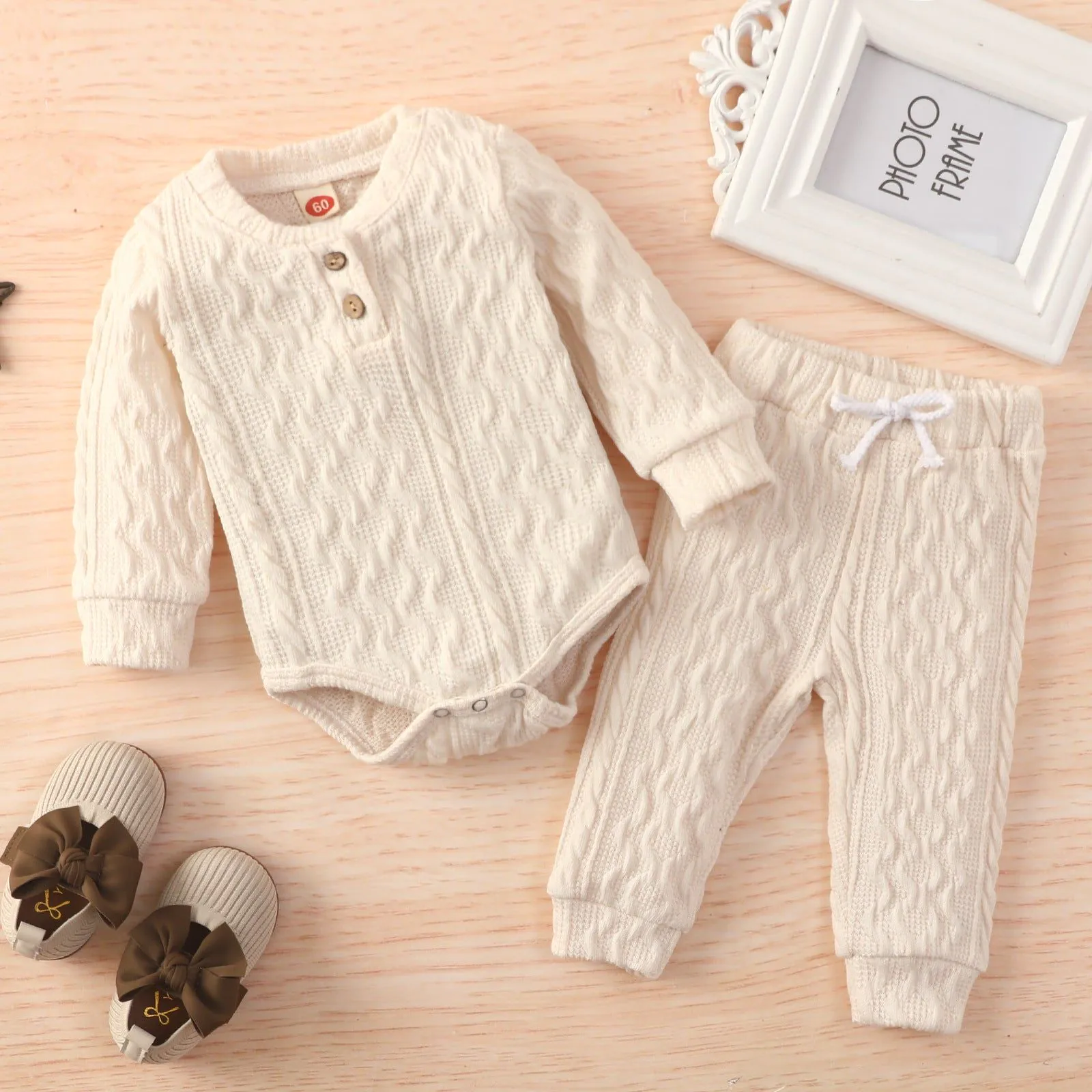image-Children's Round Neck Top and Pants Set - Solid Color