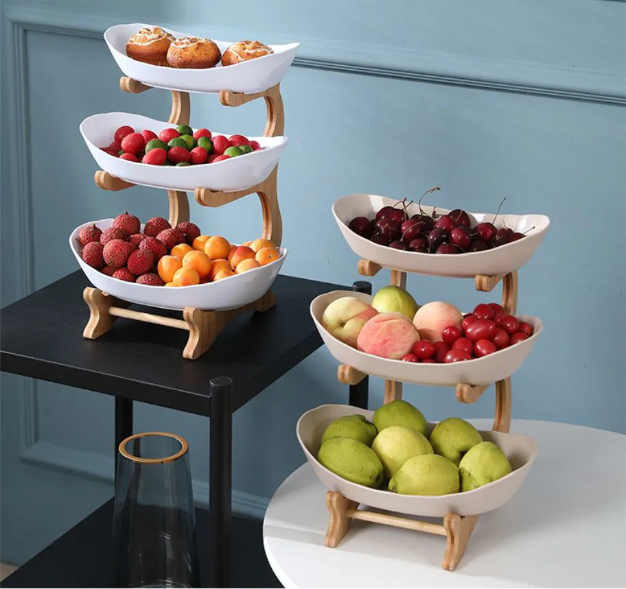 image-Answer Qi Fruit Plate - Plastic Wooden Frame - Beige - Two/Three-Layer - Modern Minimalist 