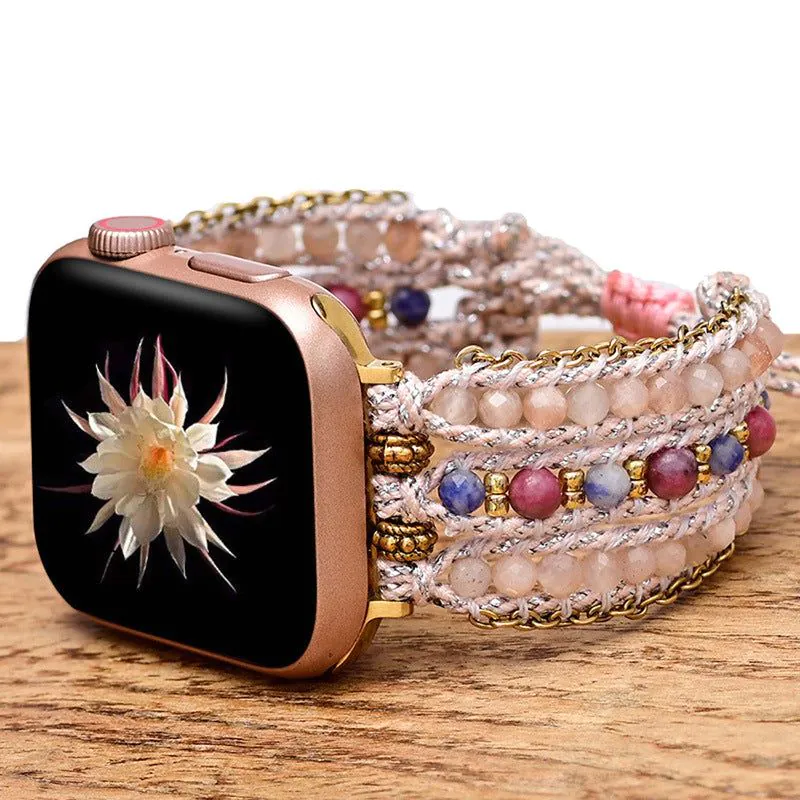 image-Bohemian Apple Watch Strap Pink Woven Stone