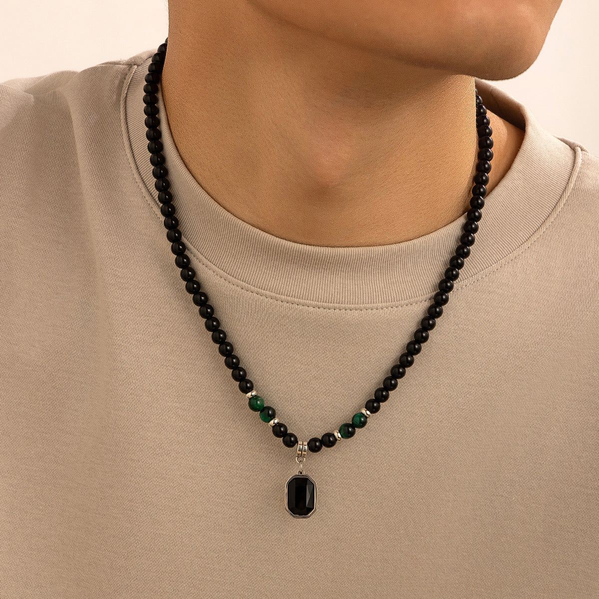 image-Men's Beaded Necklace - White Geometric Acrylic