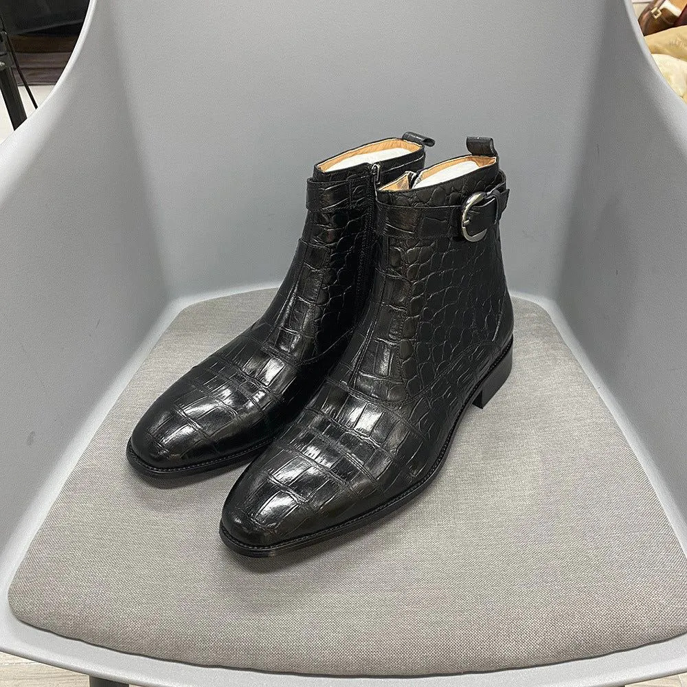image-Men's Leather Ankle Boots - Brown Crocodile