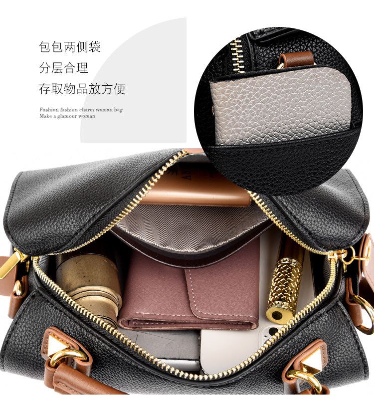 image-Boston Bag PU Leather Shoulder Handbag - Black