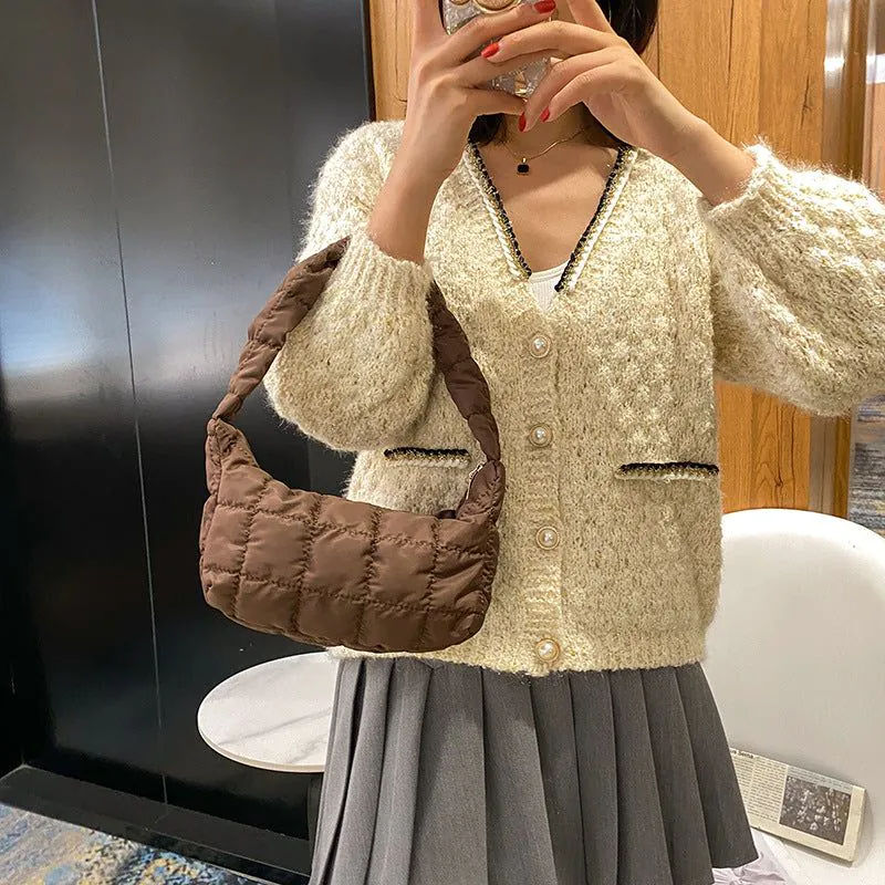 image-Women's Canvas Shoulder Bag - Brown Small Square
