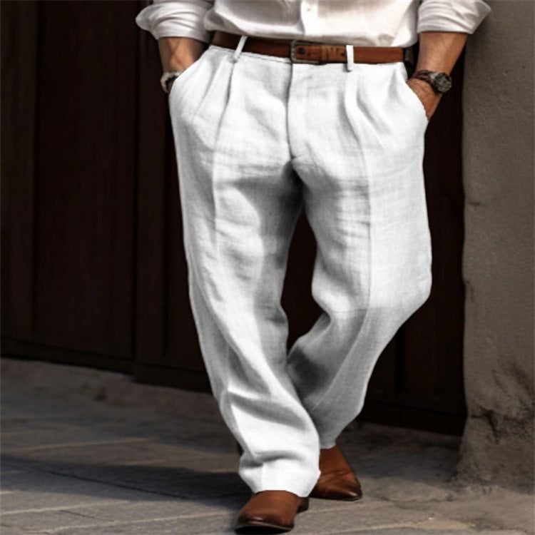 image-Men's Linen Trousers - White Straight