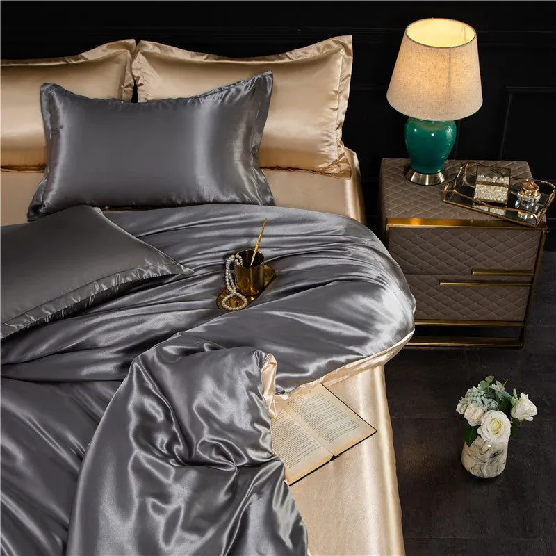 image-4-Piece Ice Silk Bedding Set - Pink Silver Gray