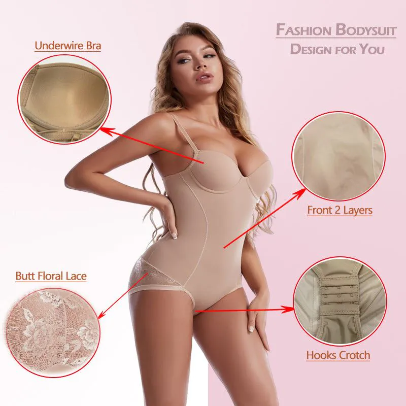 image-Lace Corset Bodysuit - Deep V Tummy Control with Bra