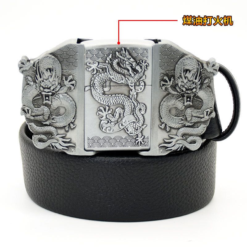 image-Men's Leather Belt - Black Punk Buckle
