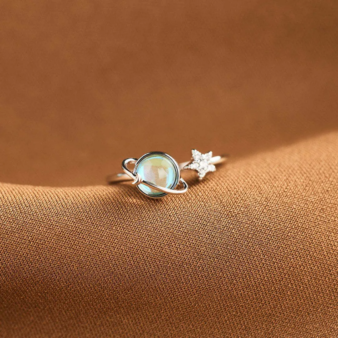 image-Planet Ring Adjustable Sterling Silver Star Moon - Women