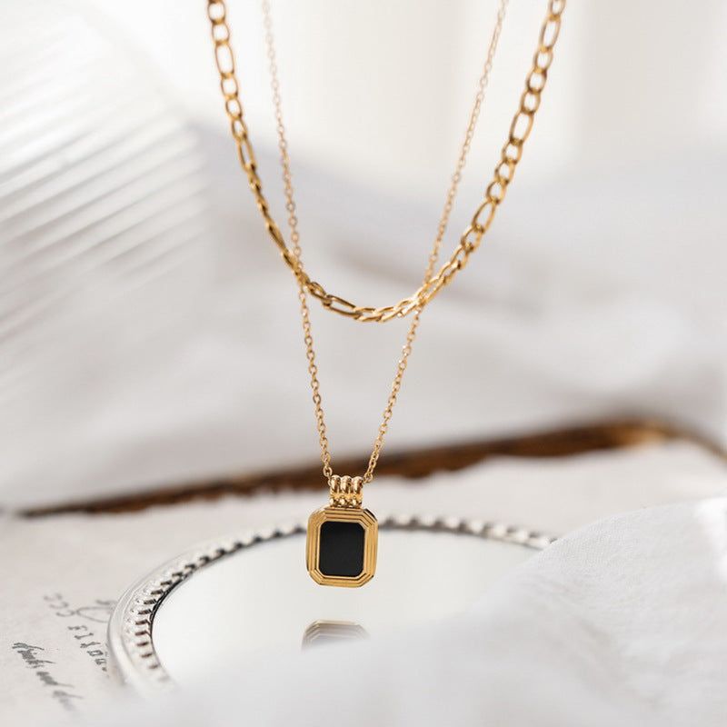 image-Double-layer Black Square Necklace Titanium Steel