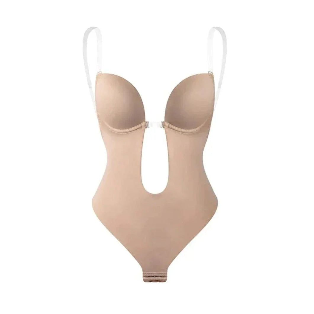 image-Shapewear Bodysuit - Deep V Backless Polyester Black