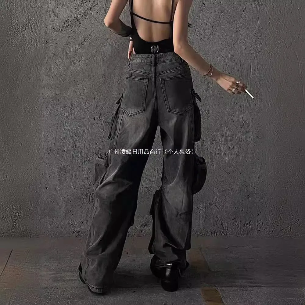 image-Large Size Retro Multi-Pocket Jeans - Y2K Low-Waisted