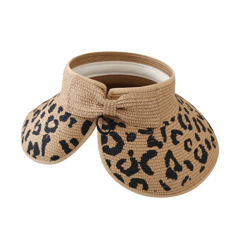image-Straw Sun Hat Leopard Print Wide Brim Brown