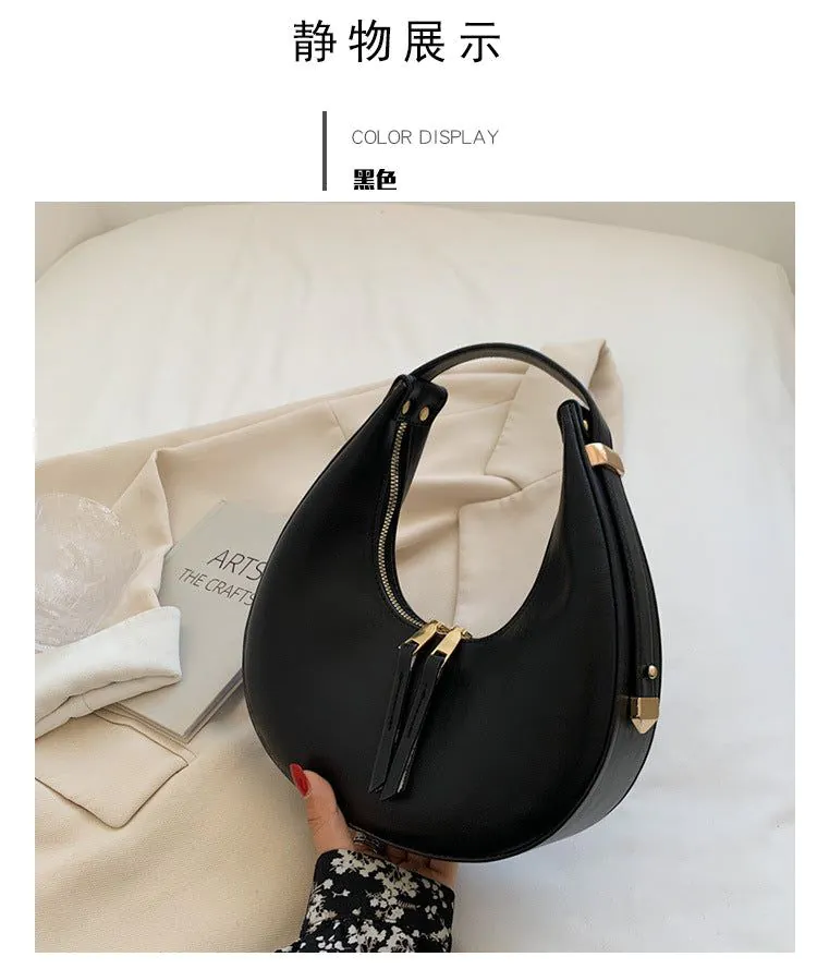 image-Beige PU Crescent Baguette Bag - Single Strap