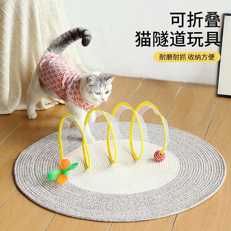 image-S-Shaped Foldable Cat Tunnel Toy - Mouse Feather