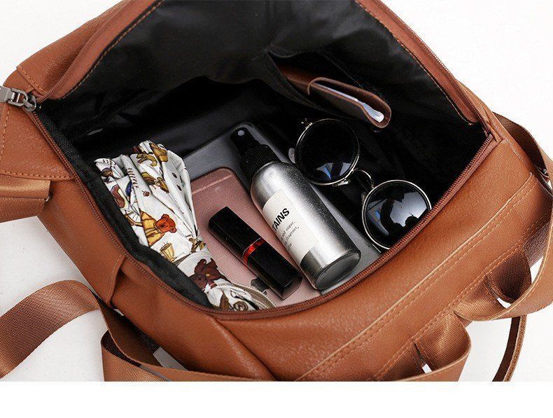 image-PU Backpack Women - Brown Solid Color Retro 