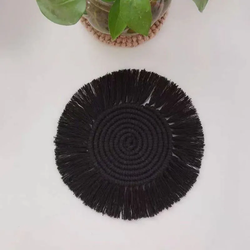 image-Boho Round Hand-Woven Table Mat - Gray 17cm Western Coaster