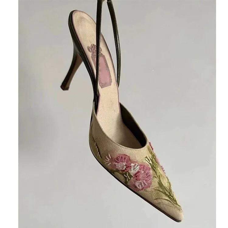 image-Embroidered Pointed Stiletto Heels - Microfiber Closed Toe