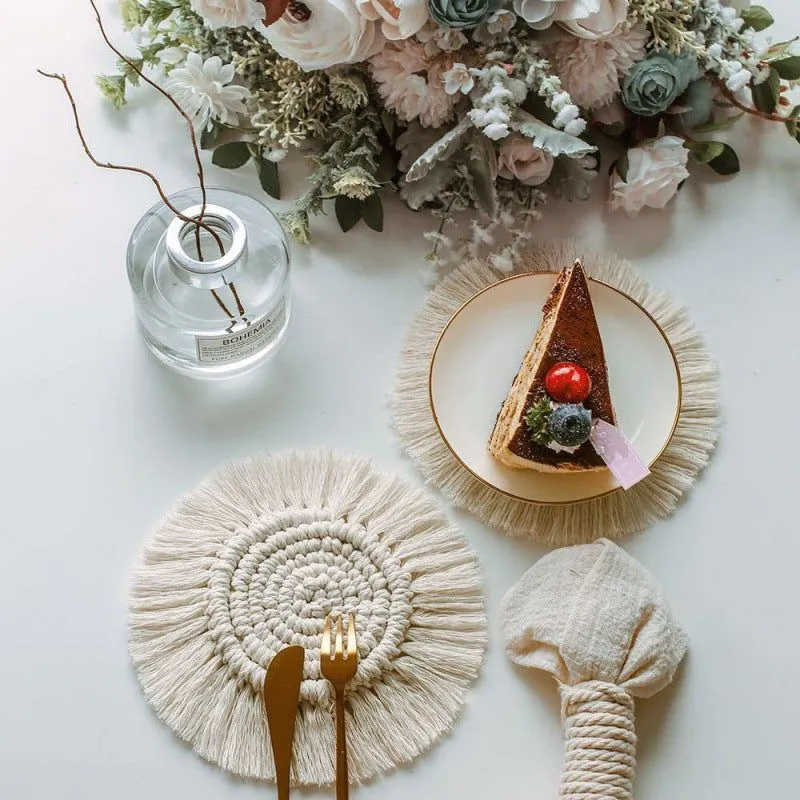 image-Boho Round Hand-Woven Table Mat - Gray 17cm Western Coaster