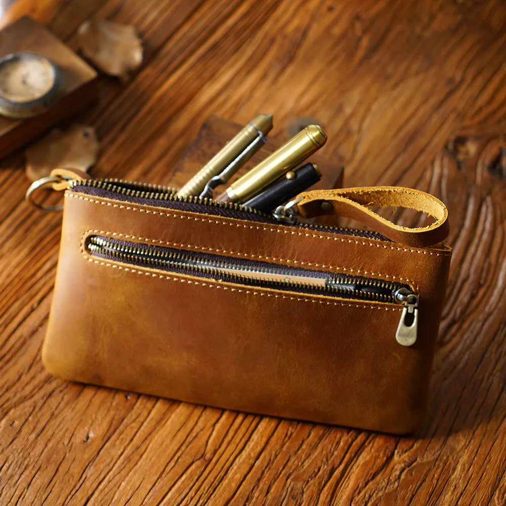 image-Retro Crazy Horse Leather Zipper Pen Bag Large Capacity Portable --- (57 characters)