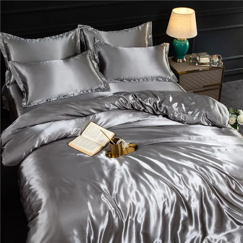 image-4-Piece Ice Silk Bedding Set - Pink Silver Gray