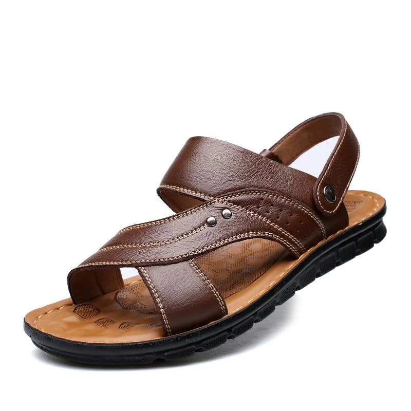 image-Men's Leather Sandals - Brown Open Toe