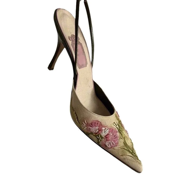 image-Embroidered Pointed Stiletto Heels - Microfiber Closed Toe