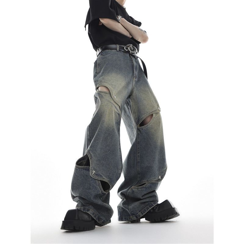 image-Summer Deconstructed Metal Button Wide-Leg Jeans Men