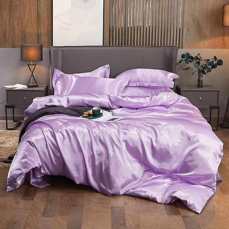 image-4-Piece Ice Silk Bedding Set - Pink Silver Gray