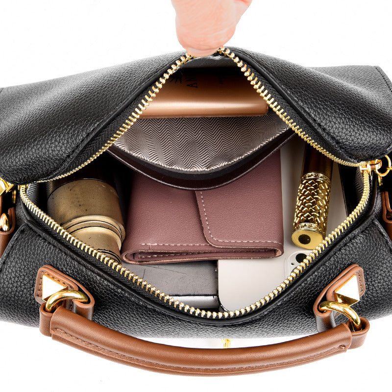 image-Boston Bag PU Leather Shoulder Handbag - Black