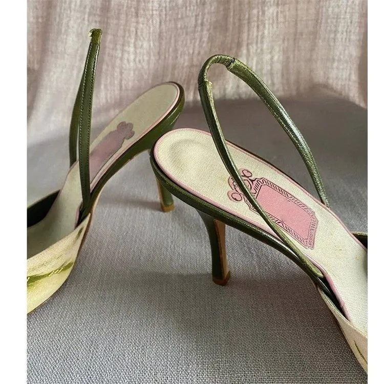 image-Embroidered Pointed Stiletto Heels - Microfiber Closed Toe
