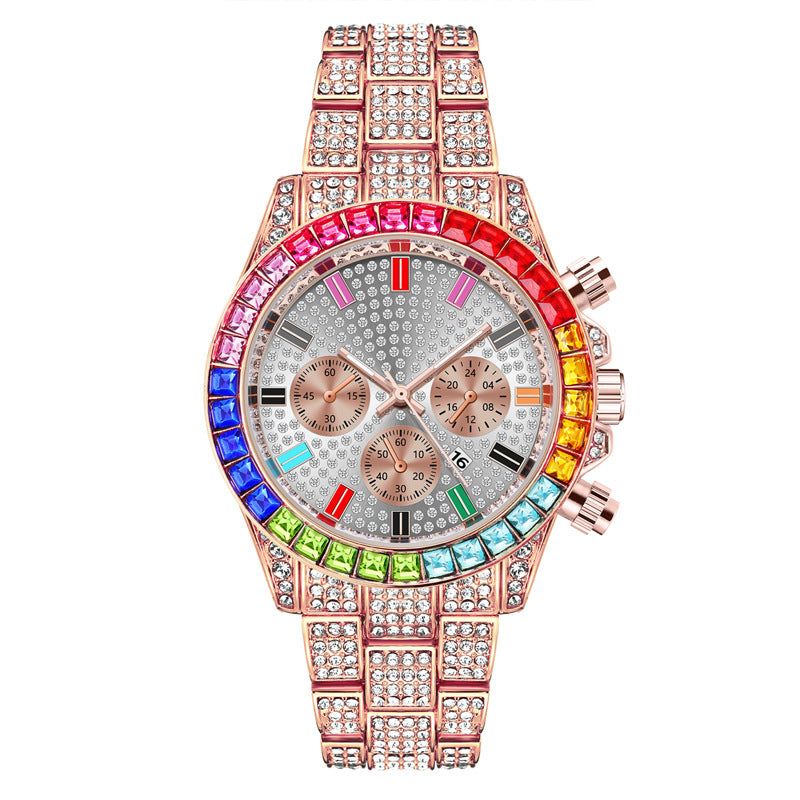 image-Mens Diamond Calendar Watch Three Eye Full Diamond