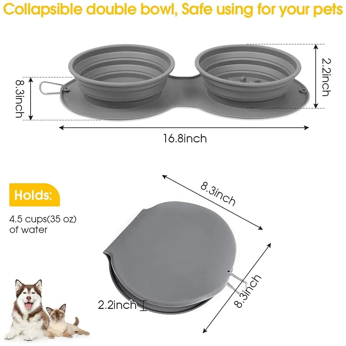 image-Silicone Foldable Pet Bowl - Grey Double Food 
